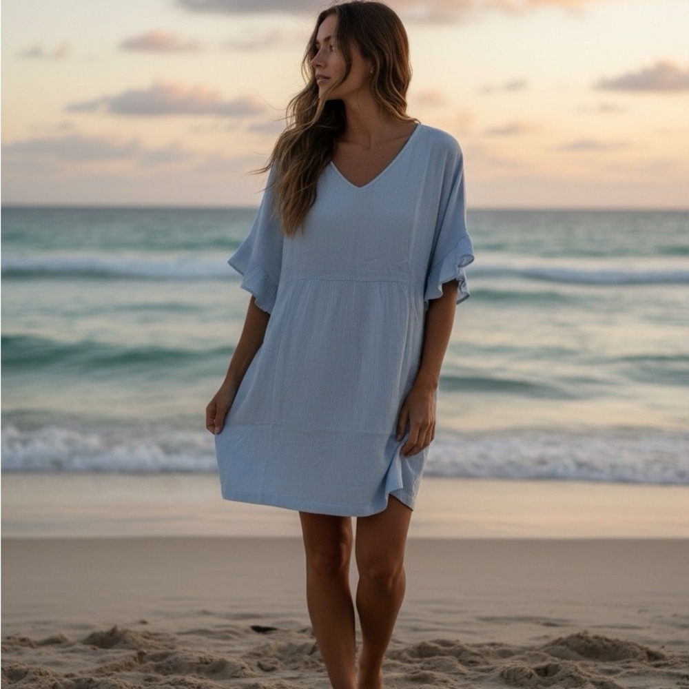 NWT! Dolly Jolly 100% cotton Light Blue V-Neck Women’s Swim Cover-Up Dress
